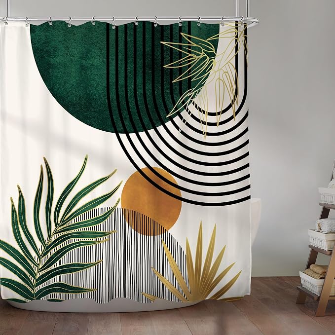 KOMLLEX Mid Century Green Boho Shower Curtain 72Wx72L Inches Abstract Modern Shower Curtains for Bathroom Plant Botanical Minimalist Leaf Arch Sun Fabric Liner Waterproof Polyester 12 Pack Hooks