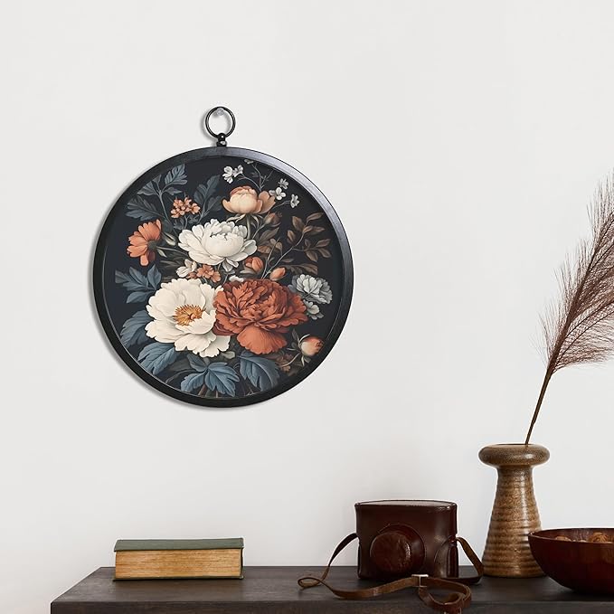 XIAOAIKA Vintage Wall Art with Metal Frame, Round Wood Print Featuring White and Red Peonies, Floral Wall Hanging, Boho Wall Decor for Living Room, Bedroom, Kitchen, Hallway, 10 Inch