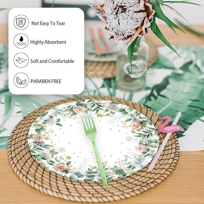 72 Pcs Floral Paper Plates and Napkins Party Supplies, Sage Green Disposable Tableware Set for Spring Summer Picnic Wedding Birthday Baby Shower Tea Party Decorations, Serves 24