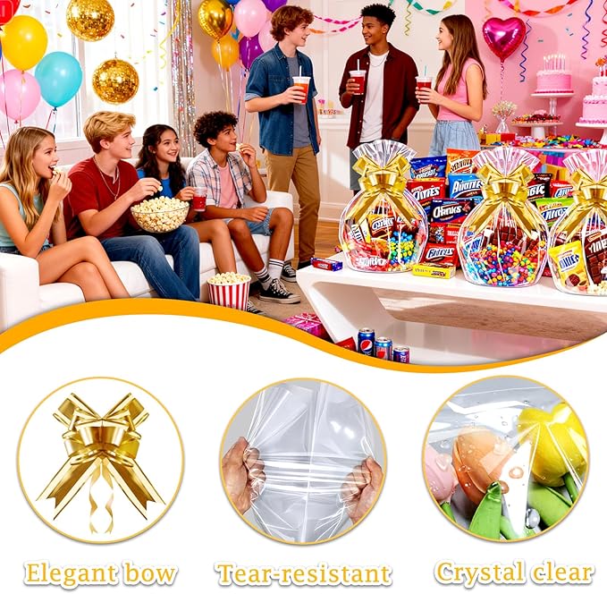 PigPotParty 16"x24" Clear Cellophane Gift Bags - Includes Bows – 10 Pack Cellophane Wrap for Gift Baskets, Plastic Gifts Bags for Gift Giving
