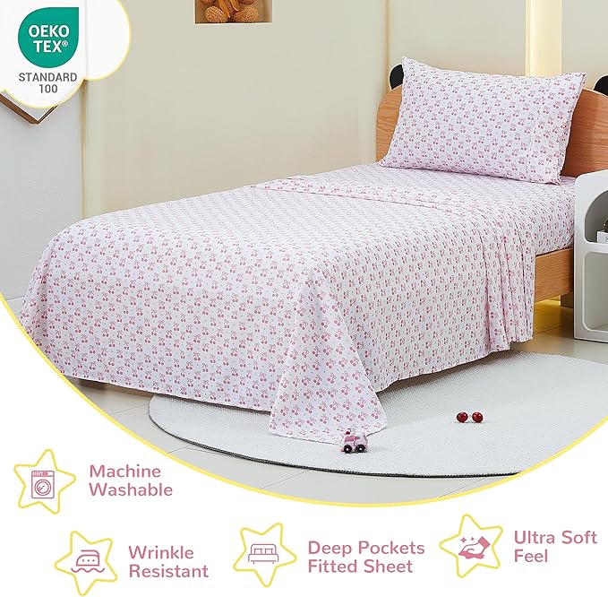 Viviland 3 Pieces Girls Pink Twin Sheet Set - Soft Microfiber Fitted Flat Sheets & Pillowcase - Pink Cherry Bow Print Bedding Sets - for Kids & Toddlers