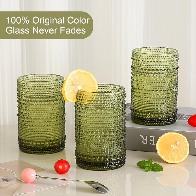 ZMOWIPDL Vintage Glassware Drinking Glasses Set of 6,15 oz Hobnail Glass Cups,Embossed Green Water Tumbler,for Beer,Cocktail,Whiskey,Juice and Various Mixed Drinks- 1 Cleaning Brush