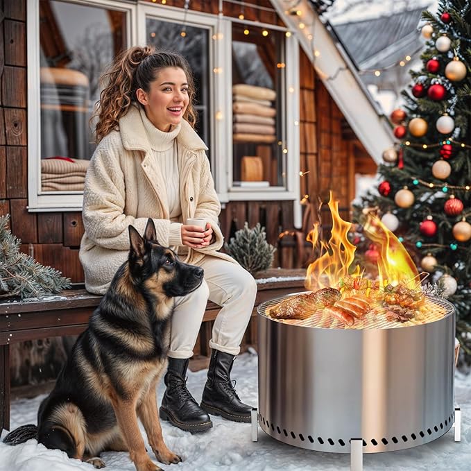 HGD 28" Smokeless Firepit with Stand & Grill Rack, Large Stainless Steel Wood Burning Fire Pit for Friends & Family Gatherings, Secondary Combustion Outdoor Patio Stove for Garden BBQ & Bonfire