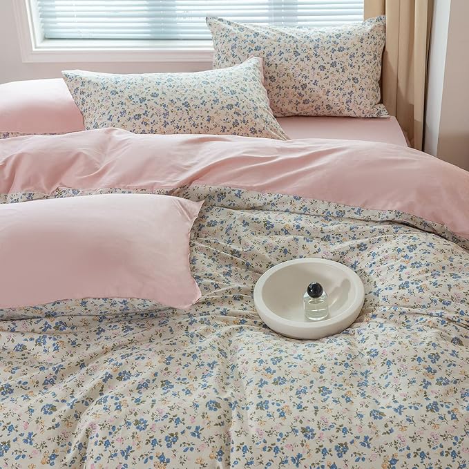 EAVD Botanical Floral Duvet Cover King Soft 100% Cotton Blue Pink Floral Bedding Set with 2 Pillowcases Chic Vintage Style Garden Floral Comforter Set Reversible Solid Pink Duvet Cover Set