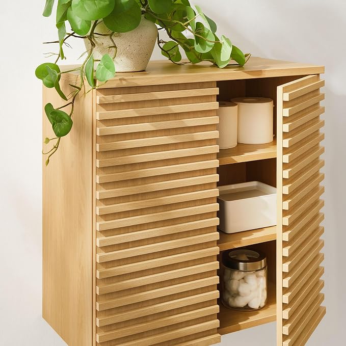 Modway Render Wall Mounted Bathroom Cabinet in Oak - 23.5 Inch Compact Wall Storage with Slatted Doors and Adjustable Shelves for Bathroom or Laundry Room