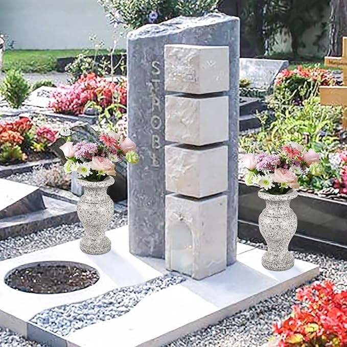 Cemetery Vase, Turned Granite Vase Polished, Memorial Stone Vases with Draining Holes for Home Tabletop, Cemetery Flowers, Grave Headstone Decorations (2Pcs, Grey)