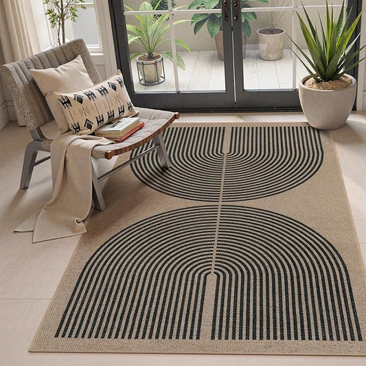 Lahome Enfys Modern Rainbow Easy Jute Office Rug, Outdoor Patio Rug 4x6 for Living Room Washable Carpet for Bedroom, Farmhouse Contemporary Non Slip Non Shedding Black Carpet for Backyard