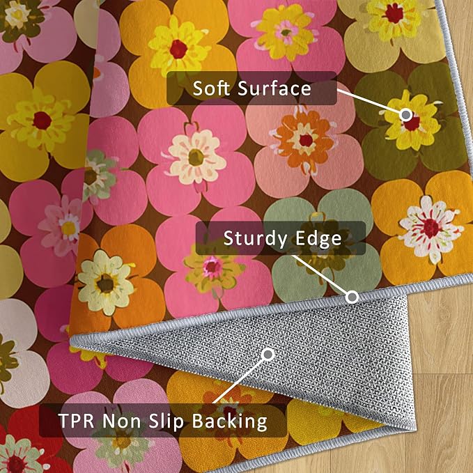 70s Floral Rugs 6x9, Retro Colorful Groovy Washable 6 x 9 Area Rug for Living Room, Bedroom, Low Pile Non Slip Stain Resistant Carpet, 70s Retro Home Decor Accessories & M846