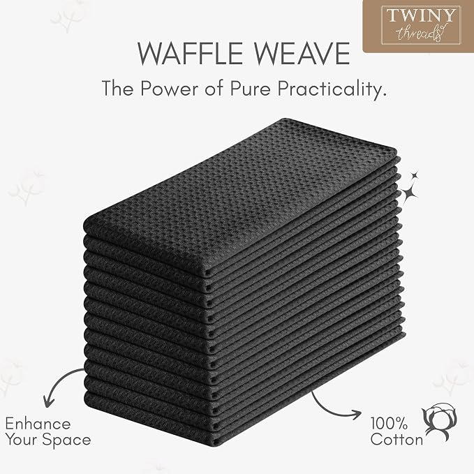 TWINY threads Waffle Kitchen Towel 4 Pack, 16x26 Inches, Premium 100% Cotton Dish Cloths Set with Hanging Loop, Absorbent, Quick Drying Cloths for Drying Dishes, Machine Washable, Black