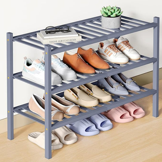 Smiry Bamboo Shoe Rack for Closet, 3 Tier Wooden Stackable Shoe Organizer, Free Standing Shoes Storage Shelf for Entryway, Front Door Entrance, Grey