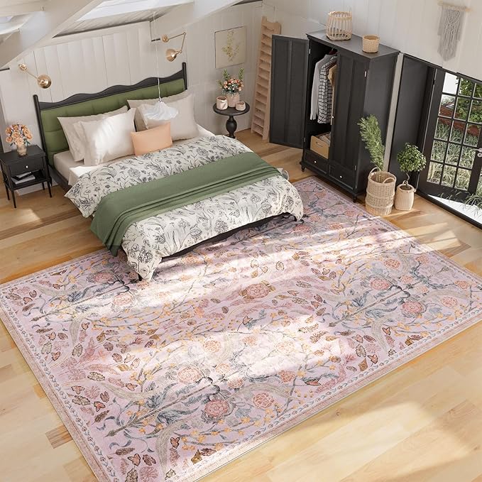 AMTOVO 6x9 Washable Area Rugs for Living Room, Non-Slip Colorful Floral rug, Soft Boho Vintage Accent Printed Pattern Carpet for Bedroom Girls Room Dorm Dining Room Farmhouse Nursery Home Office, Pink