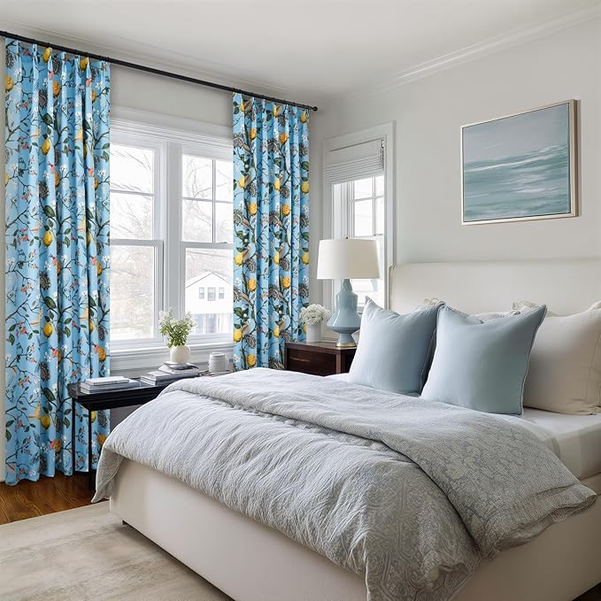 Blue and White Patterned Floral Aesthetic Curtains 84 Inch Length Farmhouse Vintage Pinch Pleated Drapes Birds Luxury 2 Panels for Kid Bedroom Living Room, Chambray Blue