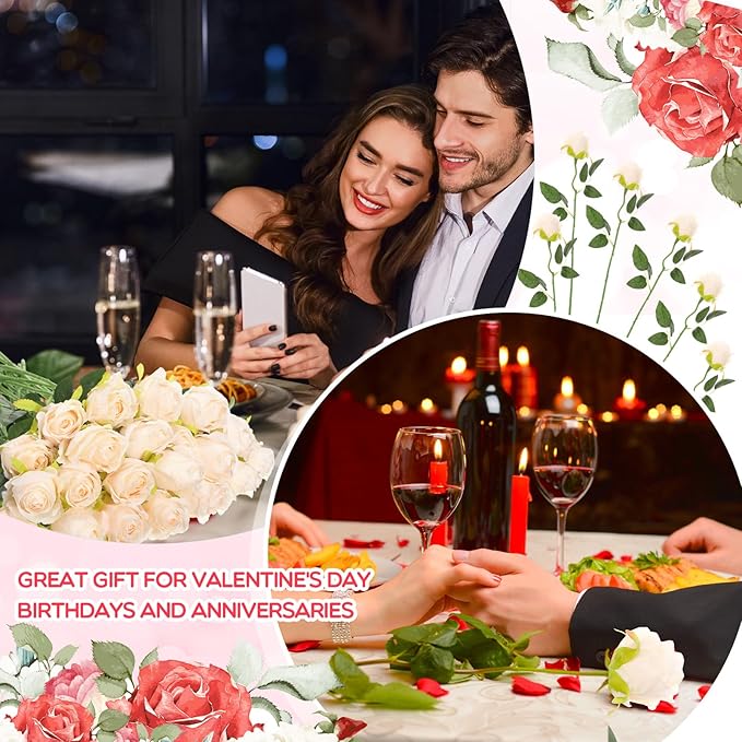 Jexine 50 Pcs Artificial Rose Flower Bulk Realistic Silk Fake Roses with Long Stem Plastic Artificial Flower Bouquet Real Looking for Home Wedding Centerpieces Party Decoration(Beige Champagne)