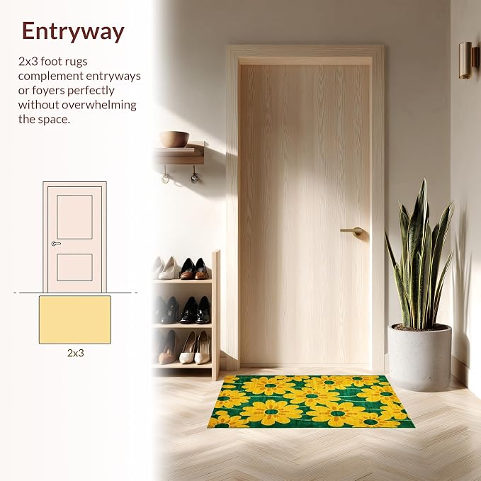 Flatwoven High Traffic Area Rug 5x7, Retro Floral Kitschy Bloom Design, Non Slip, Stain Resistant, Washable Area Rugs for Living Room, Bedroom (Yellow, 5x7)