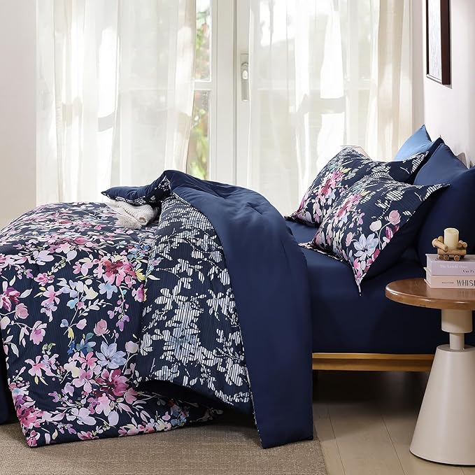Dobuyly Queen Comforter Set, 7 Pieces Navy Blue Floral Comforter Set, Bed in a Bag Queen with Botanical Flowers Pattern, All Season Farmhouse Queen Size Bedding Set with Sheets, Pillowcases & Shams