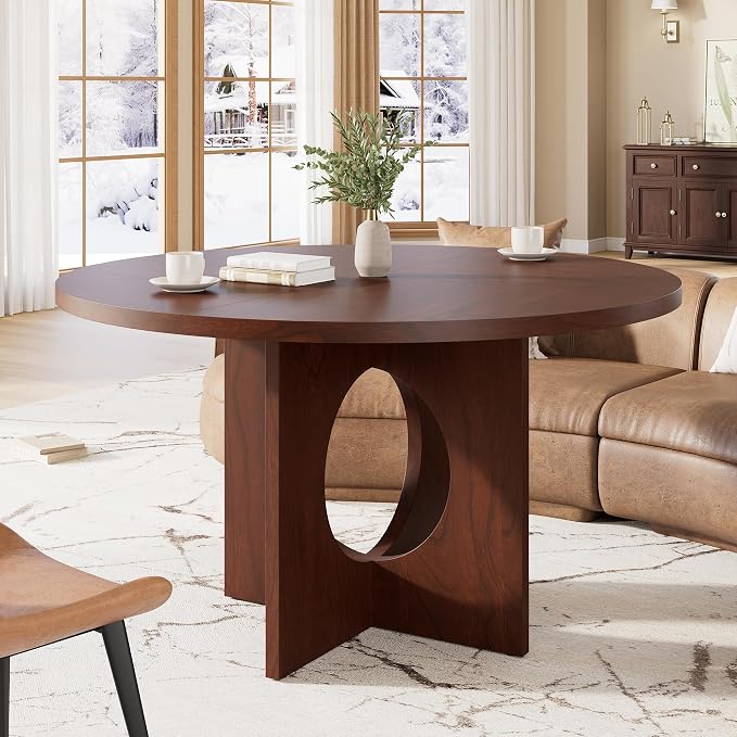 Garvee 47" Round Dining Table for 4-6 People - Circle Kitchen Dinner Table with Sturdy Pedestal Base, Space Saving Dinning Room Furniture for Living Room, Kitchen, Apartment, Walnut