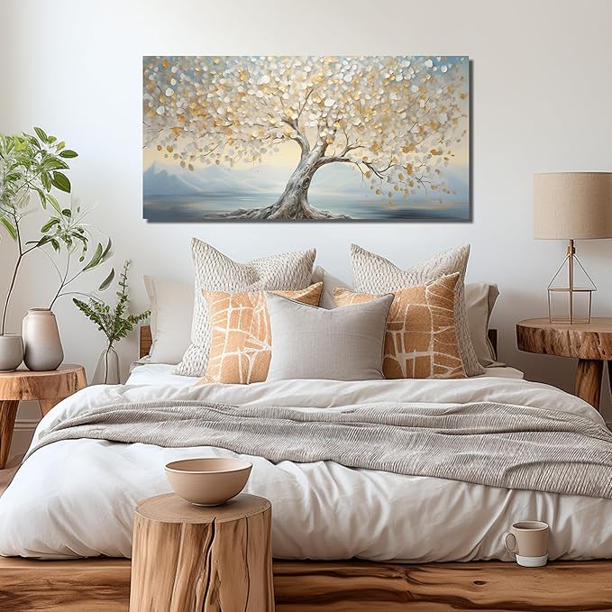 JuhaiArt Tree Canvas Art White Wall Decorations Light Blue Wall Picture for Living Room Bedroom Home Office Gold Artwork Art 24" x 48"