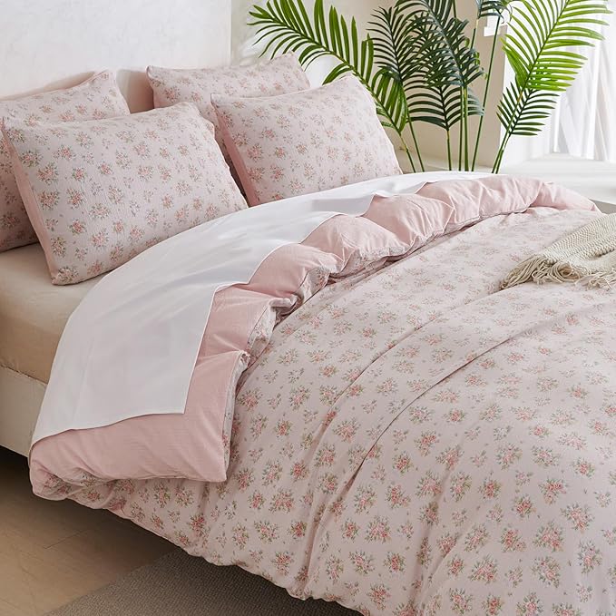 King Size Comforter Set Soft Flower 3 Pieces Chic Crinkle Gauze Fabric Garden Style Floral Print Botanical Comforter for All Seasons Luxury Warmth Comfy Breathable with 2 Pillowcases