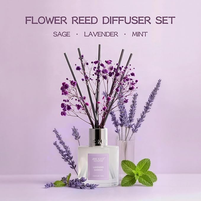 Airkeep Reed Diffuser Set,3.38 fl oz (100 ml) - Lavender Garden Oil Diffusers with 8 Reed Sticks, Home Fragrance Reed Diffuser for Bathroom Shelf Decor