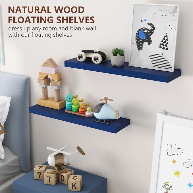 fuqing 30 Inch Floating Shelves, Dark Blue Floating Shelves for Wall Set of 2, 30'' Long Wooden Wall Shelves for Living Room Bedroom Kids' Room Boys' Room - Dark Blue