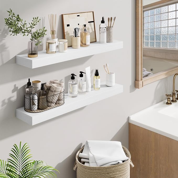Fun Memories Bathroom Shelves 32 Inch Long Set of 2, Floating Shelves for Wall with Invisible Brackets, for Bedroom, Living Room, Kitchen, White