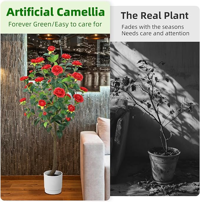 Artificial Camellia Tree 6FT – Nearly Natural Faux Plants Indoor, with Easy Assembly, Low Maintenance, Ideal for Both Indoor Decoration and Other Purposes，Perfect Porch Christmas Trees (Red 6ft)