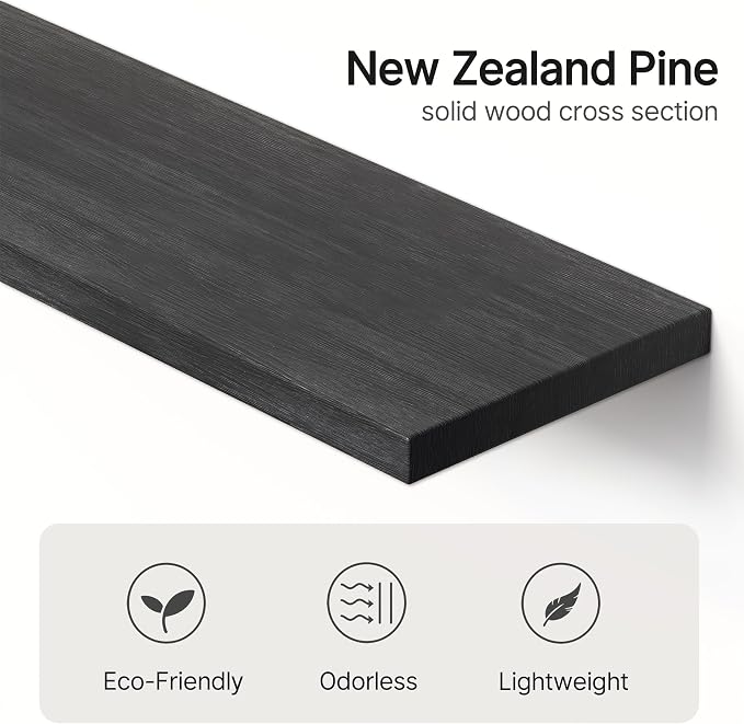 Vailando Floating Shelves for Wall, Set of 3 Solid Wood Wall Mounted Shelves, 16" Black Display Shelf for Bedroom, Living Room, Bathroom, and Kitchen Decor - Heavy-Duty & Natural Pine