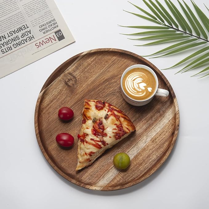 YANGQIHOME 11.8 inches Round Wood Tray, Wooden Serving Tray, Acacia Plates, Appetizer Charcuterie Board, Tray Organizer for Kitchen/Countertop, 11.8 x 11.8 x 0.8 inch