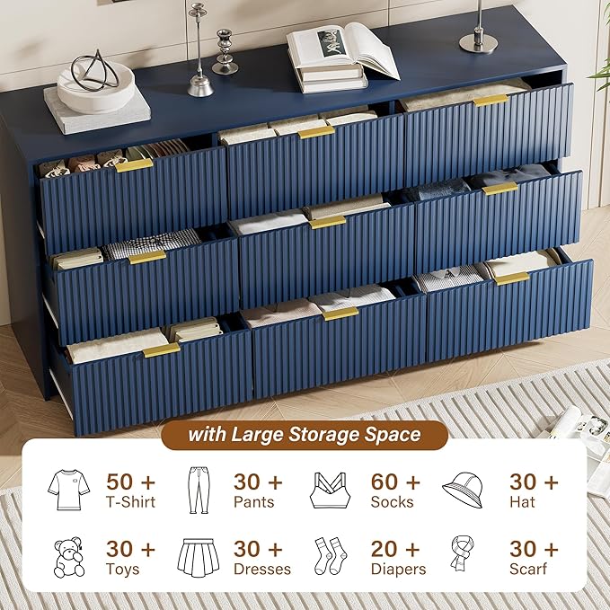 Blue Dresser for Bedroom, Modern Dresser with 9 Drawers and Smooth Slides, Wide Chest of Drawers with Golden Handles for Bedroom, Living Room, Closet, 15.7" D x 63" W x 31.5" H