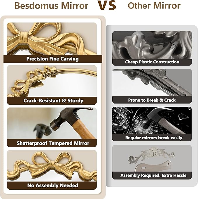 Besdomus Door Mirror Full Length: 14"x50" Gold Vintage Bow Over The Door Hanging Mirror - Antique Baroque Traditional Ornate Full Body for Girls Bedroom/Cloakroom/Living Room - Ideal for Teen Girl