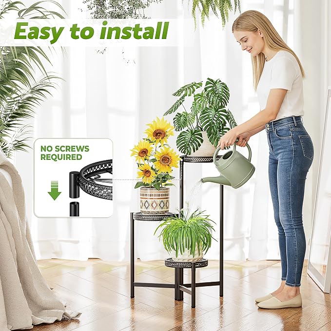 Plant Stand Indoor Outdoor, 3 Tier Corner Metal Flower Display Holder Shelf, Folding Tall Plant Rack for House Patio Balcony Porch Living Room, Heavy Duty Anti-Rust Wrought Iron - BlackS