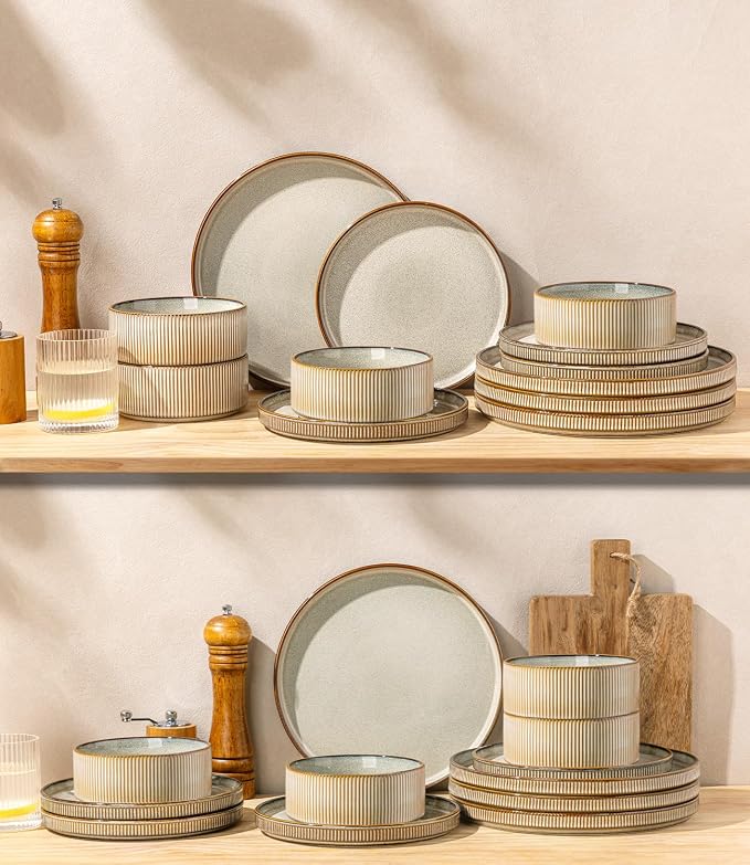 GBHOME 24-Piece Stoneware Dinnerware Set for 8 – Ribbed Ceramic Plates and Bowls, Scratch-Resistant, Microwave & Dishwasher Safe, Reactive Glaze, Reactive Glaze Green Wheat