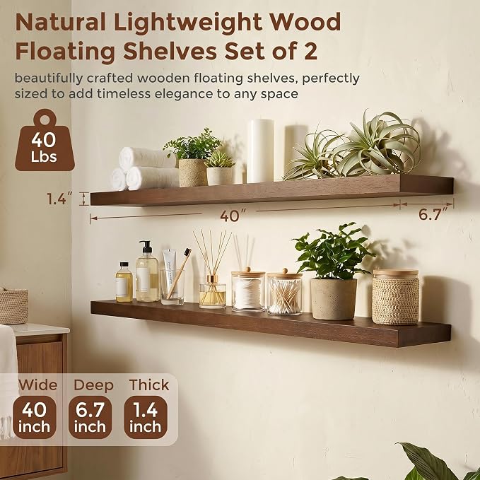fuqing 40 Inch Floating Shelves | 6.7 Inch Deep Dark Wood Floating Shelves for Wall Set of 2 | 40''W x 6.7''D x 1.4''H Dark Wood Shelves for Living Room Bathroom Bedroom Kitchen Home Office