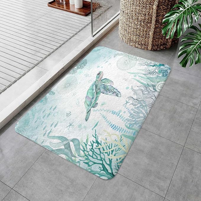 Sea Turtle Bath Rugs for Bathroom, Blue Teal Ocean Beach Nautical Coastal Fish Beachy Summer Animal Seashell Kids Non Slip Flannel Bathroom Rug, Dry Fast Water Absorbent Bath Mats, 17x29 Inch