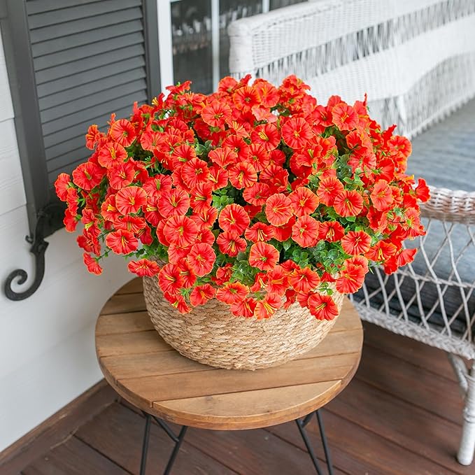 Artificial Flowers Fake Plants for Outdoors Decoration, 12 Bundles Orange Silk Morning Glory with Eucalyptus Realistic UV Resistant Faux Flowers Greenery for Outside Planter Yard Garden Home Indoor
