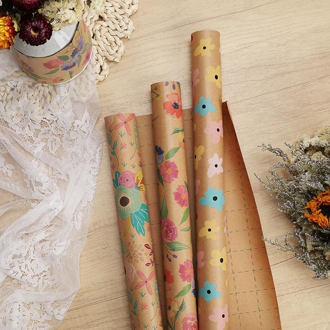 BIOBROWN Kraft Floral Wrapping Paper Roll - 17 Inches X 33 Feet (47 sq. ft. ttl.) Vintage Boho Rose Design Flower Gift Wrap for Wedding, Bridal Shower, Mothers Day, Holiday