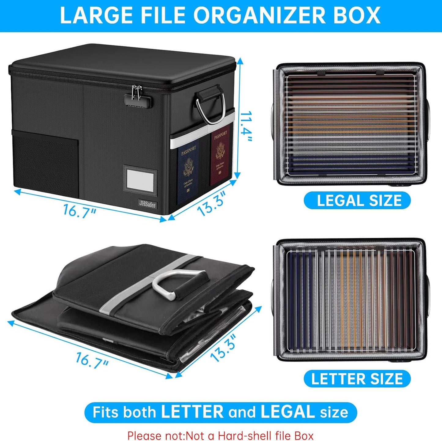 Skiennix Fireproof Document Box - Waterproof File Organizer with Lock & Handle | Portable Black Filing Cabinet