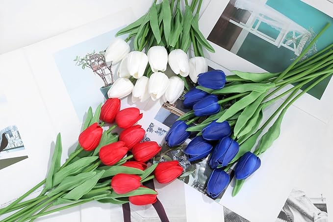 20pcs Artificial Tulips Patriotic Flowers for 4th of July Decor Fake Tulip Independence Day Slik Tulips Memorial Day Table Centerpiece Decor(Red White and Blue Flowers)