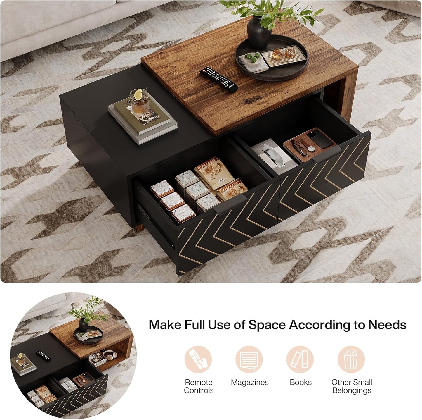 Tribesigns Extendable Coffee Table - Dual-Tone Design with 2 Storage Drawers | Multi-Functional Wooden Table (Brown & Black)