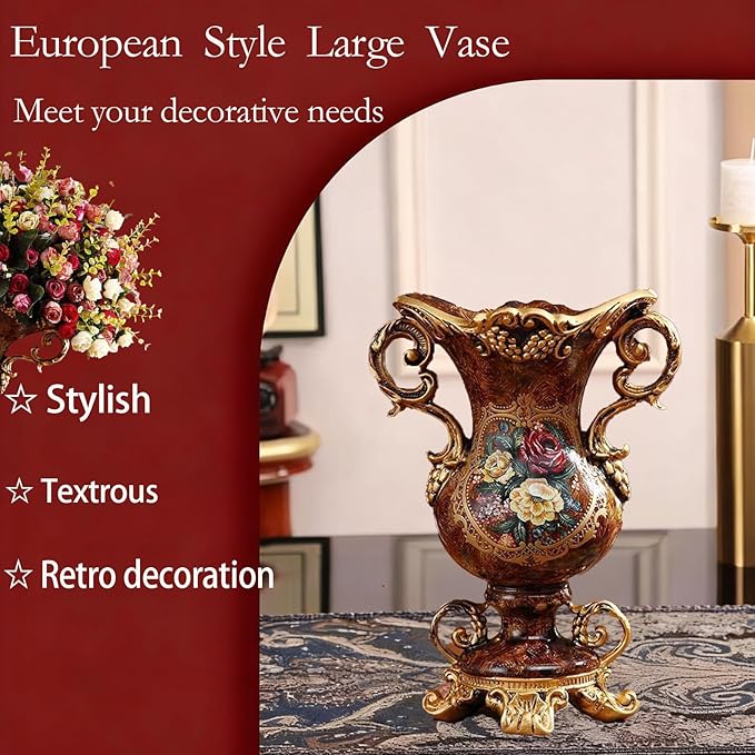 Artificial Vintage Decor Vase -European Golden Resin Vase Vintage Vases for Artificial Flowers Dining Room Table Decor Wedding Party