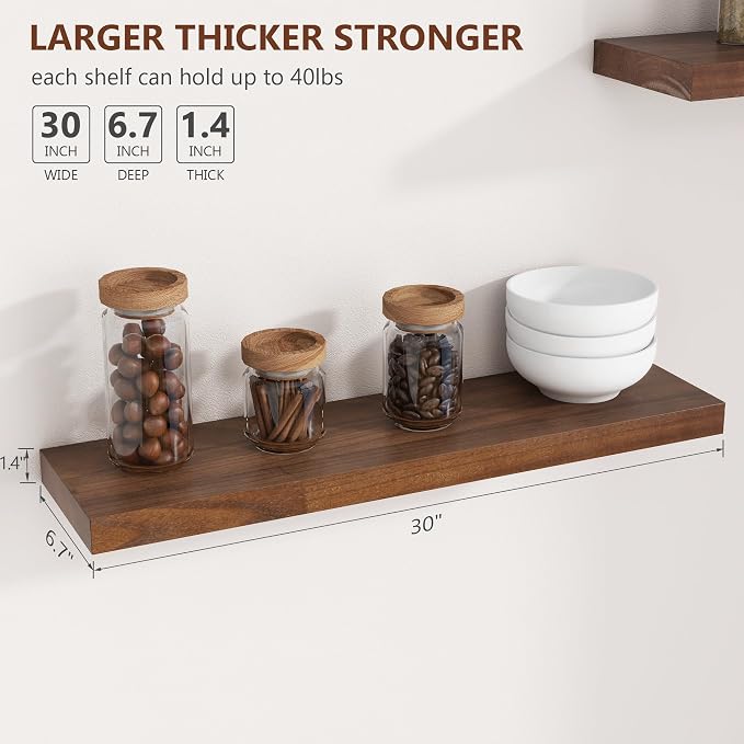 fuqing 30 Inch Floating Shelves for Wall Set of 2, Rustic Wood Wall Shelves for Living Room Bedroom Bathroom Home Office - Walnut