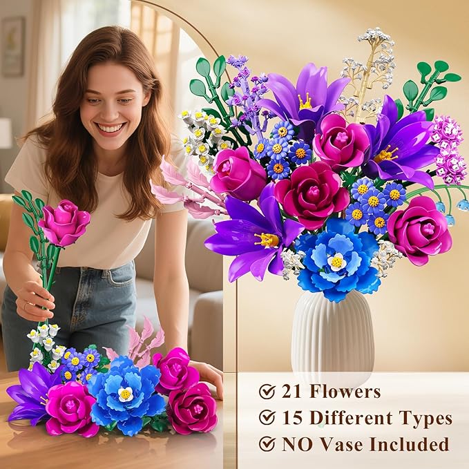 Flowers Bouquet Building Set with LED Light, 21 Flower Botanical Collection Building Block Toy, Rose Lily Home Plant Decor 1054PCS for Her Adults Women Kids Girls 12+ (Purple)