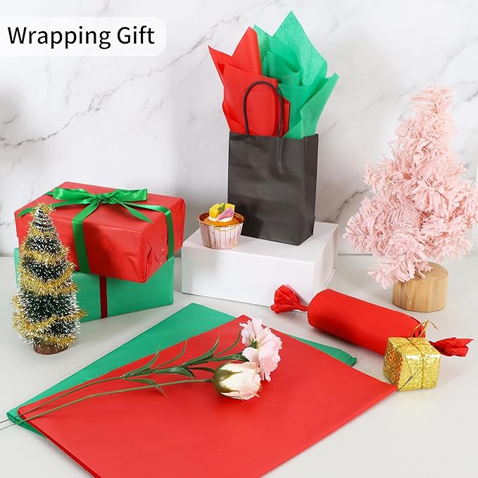 BEISHIDA 100 Sheets Red Green Tissue Paper Bulk, Wrapping Tissue Paper for Gift Bags, 14 x 20 Inch Gift Wrap for Christmas Birthday Wedding Graduation DIY Crafts Holiday Flowers