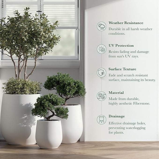 DTY Signature Mount Wilson Modern Indoor Outdoor Fiberstone Tapered Planter, Lightweight, Weather Resistant Garden Pot with Drainage Hole & Rubber Plug, Planter for Christmas Decor - White, Small