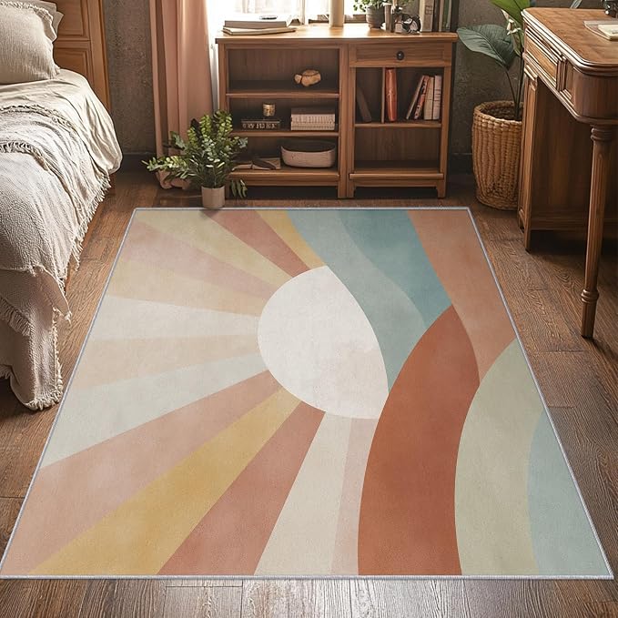 8x10 Boho Sun Rugs for Bedroom Decor, Washable Retro Sunrise Pattern Area Rug, Living Room Home Decoration, Non Slip Soft Thin, Mid Century Modern Decor Large Carpet PF-P 117