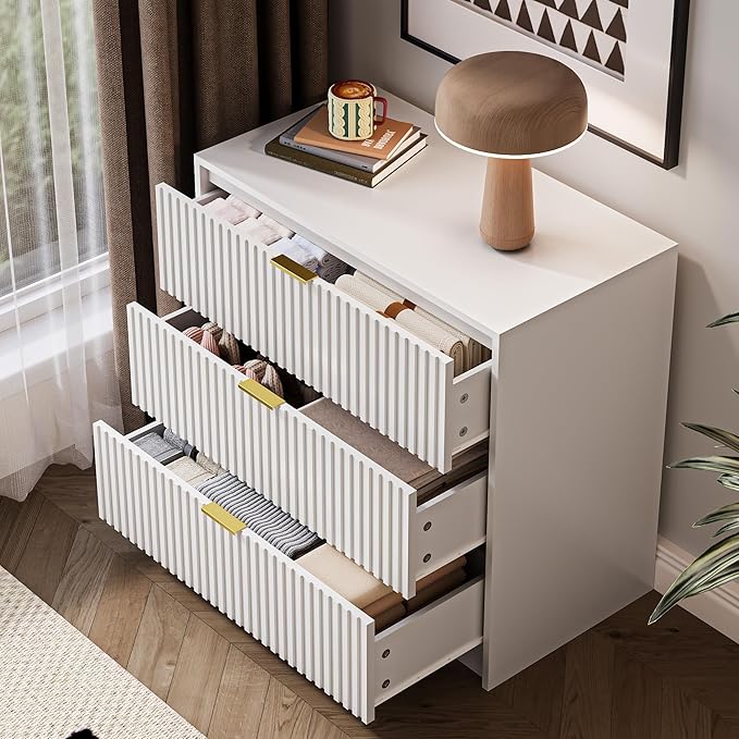 3-Piece Dresser Bedroom Set, 7 Drawer Dresser & 3 Drawer Nightstands with Gold Handles, Fluted Wood Chest of Drawers for Bedroom, Living Room, Entryway, White