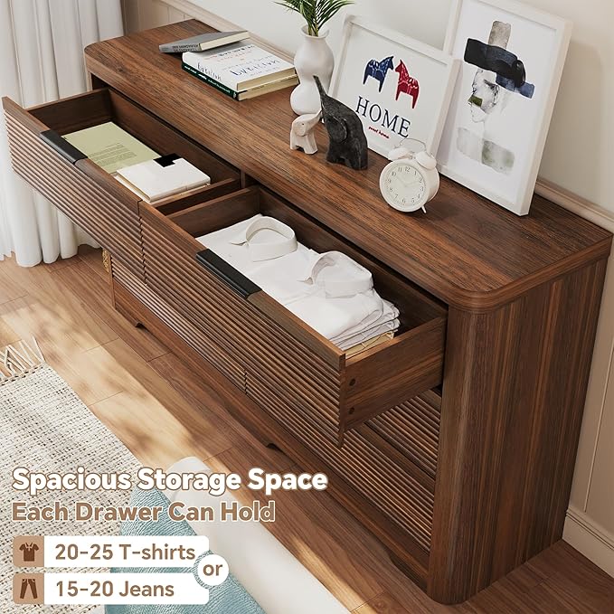 FUSUNBAO Fluted 6 Drawer Dresser, Modern Wood Dresser for Bedroom,TV Stand,Thickened Curved Profile Design,Bedroom,Entryway,Wood Drawer Organizer (Dark Walnut)