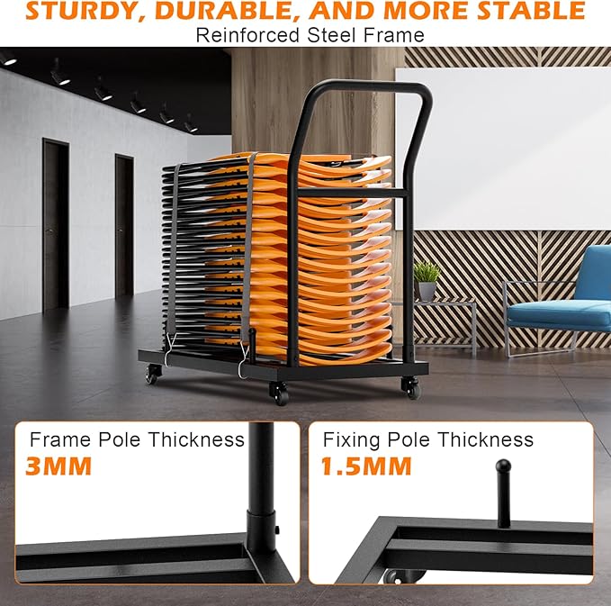Heavy-Duty Folding Chair Rack Storage Cart - Holds 25-28 Chairs, 300 LB Capacity with Locking Wheels & Space-Saving Vertical Design, Matte Black