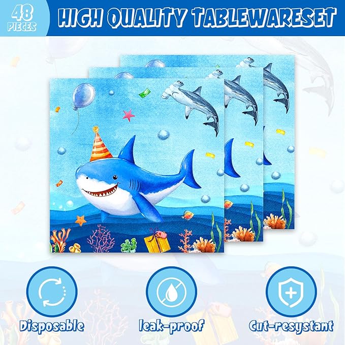 48Pcs Shark Birthday Party Decorations Include Plates Napkins Forks for Baby Shower Summer Pool Party Decor Serves 16 Guests