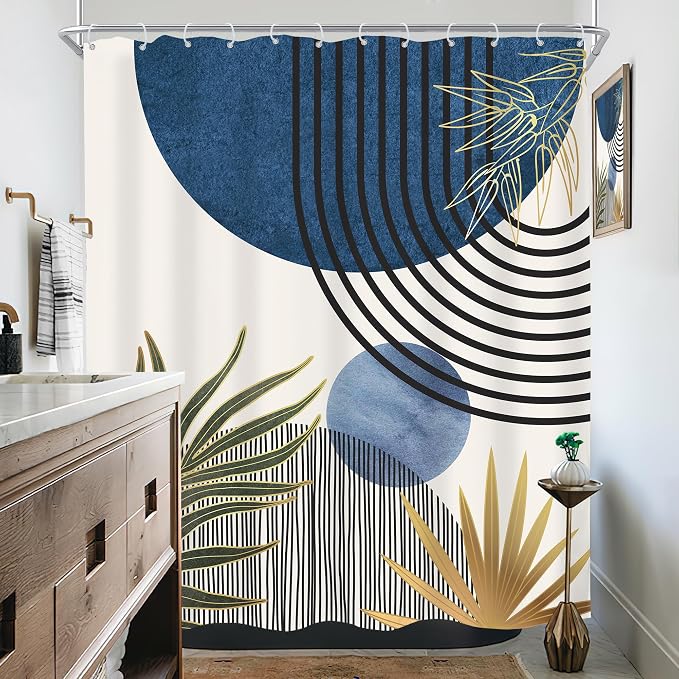 KOMLLEX Mid Century Blue Green Boho Shower Curtain 60Wx72L Inches Abstract Modern Shower Curtains for Bathroom Decor Plant Botanical Minimalist Arch Sun Fabric Liner Waterproof Polyester 12 Pack Hooks